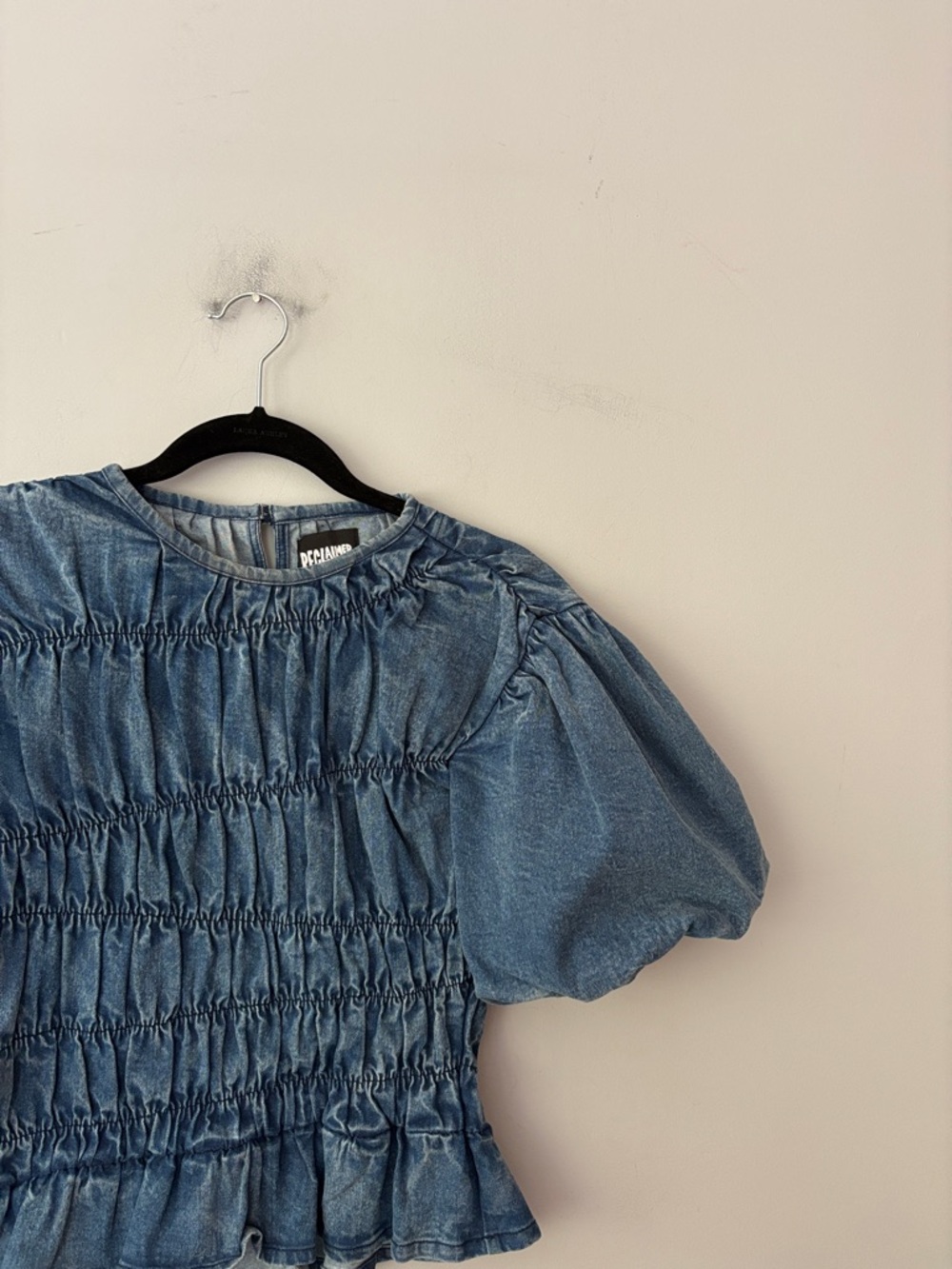 Reclaimed Vintage Blue Denim Puff-Sleeve Shirred Top - Picture 5 of 13